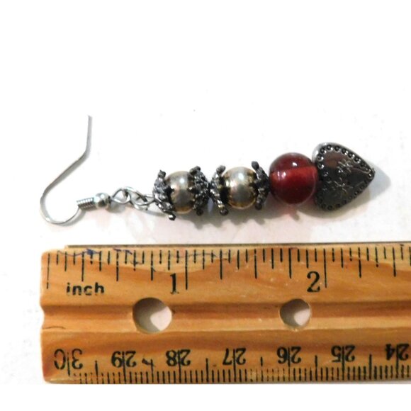 Vintage-Inspired Dangle Earrings Silver Heart Charm Red Metallic Beads 2.5" Long - Picture 4 of 4